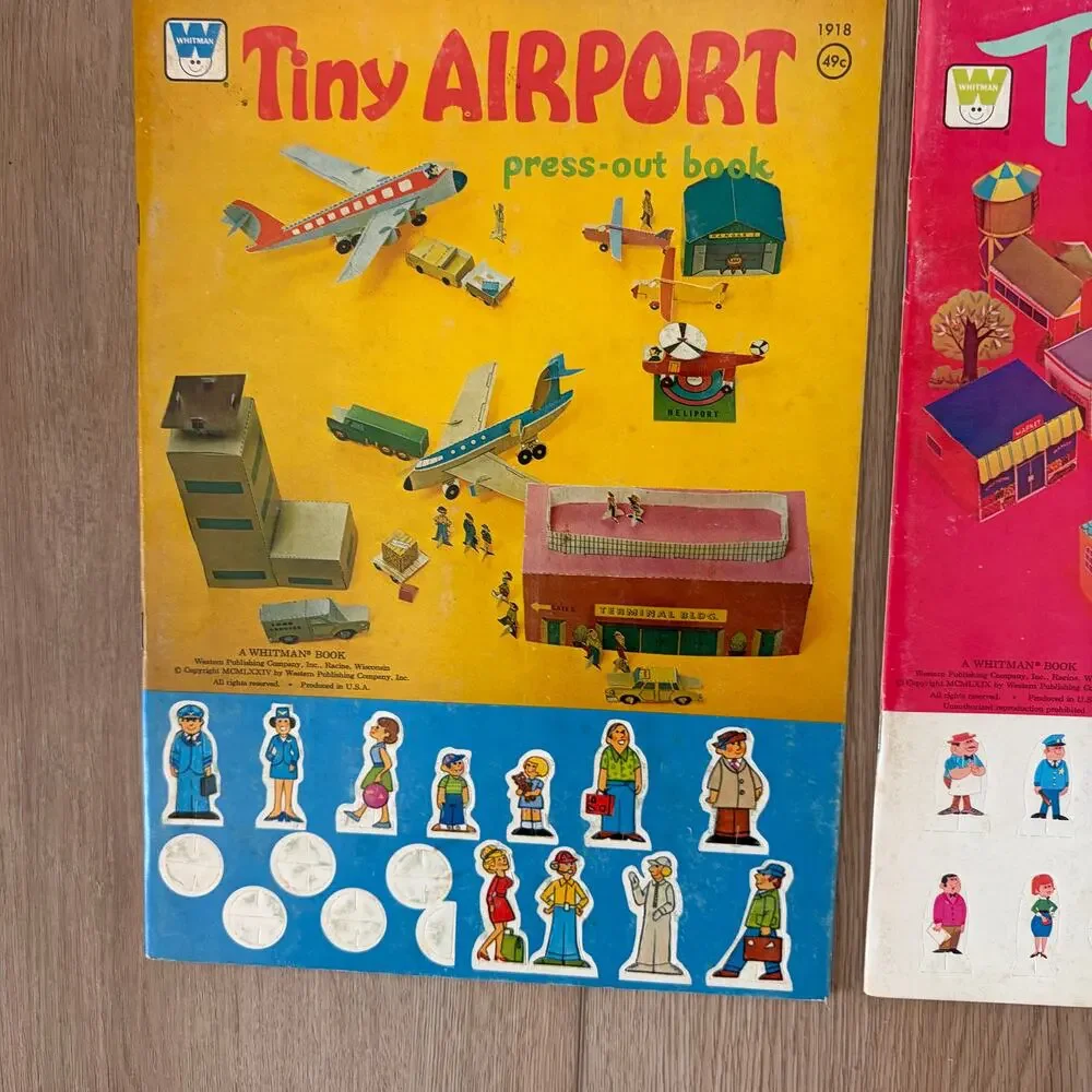 Whitman Tiny Press-Out LOT 4 Books, Vintage 1976 Campsite, Town, Airport, City
